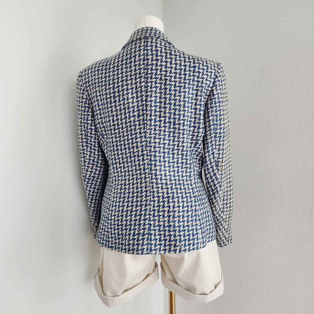 Vintage 90s Houndstooth Tweed Blazer Jacket Cream Blue 3 Button Long Sleeve L - Picture 9 of 13